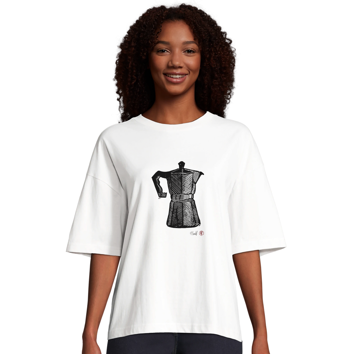 Model wearing T-shirt “Moka Pot”, white, women’s cut – front view