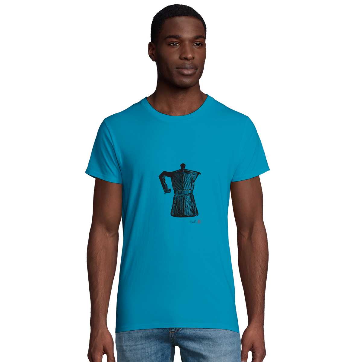 Model wearing T-shirt “Moka Pot”, aqua, men’s cut – front view