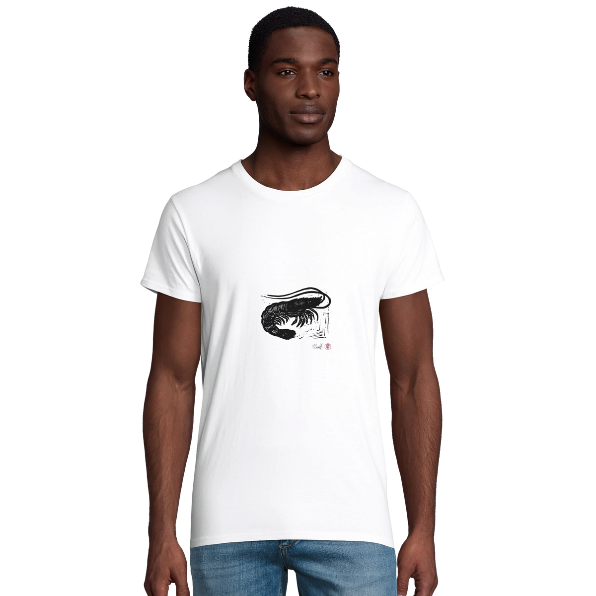 Model wearing T-shirt “Shrimp”, white, men’s cut – front view