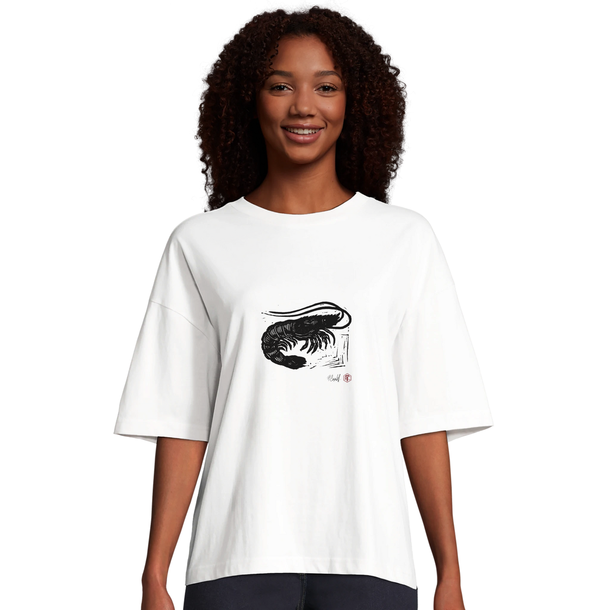 Model wearing T-shirt “Shrimp”, white, women’s cut – front view