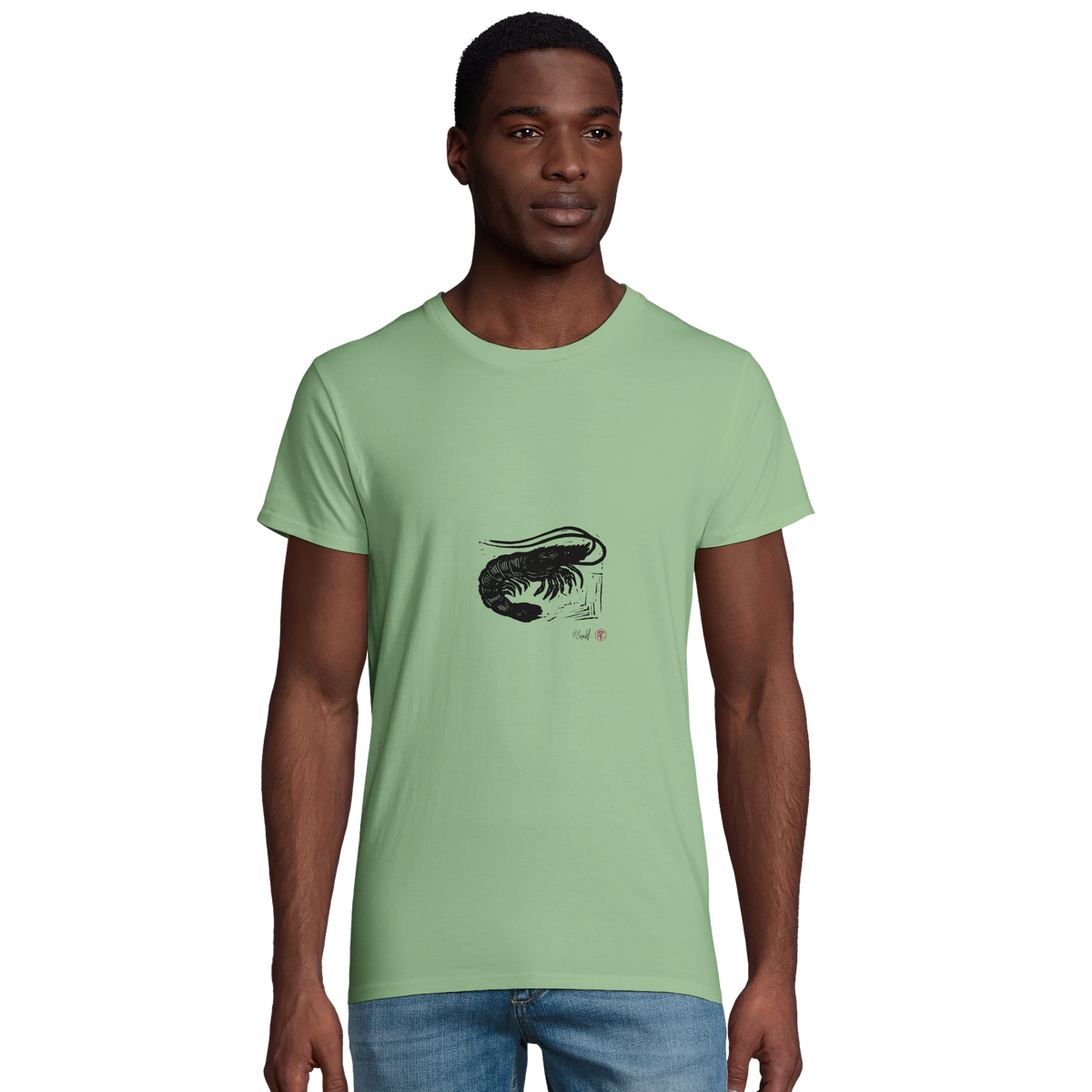 Model wearing T-shirt “Shrimp”, apple green, men’s cut – front view
