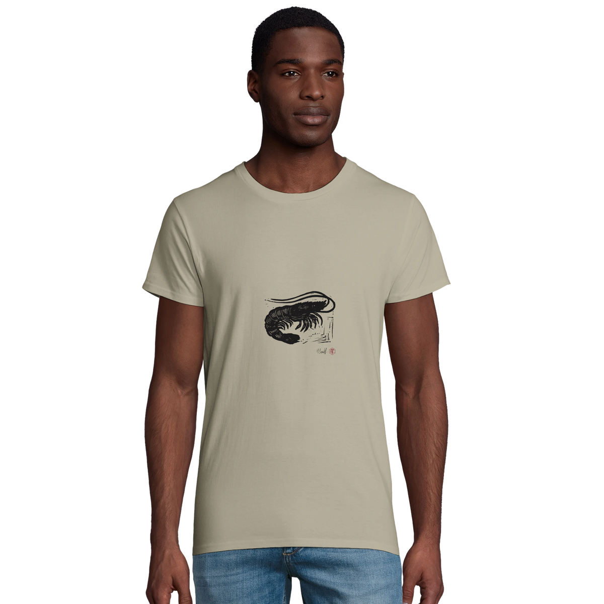 Model wearing T-shirt “Shrimp”, sand, men’s cut – front view