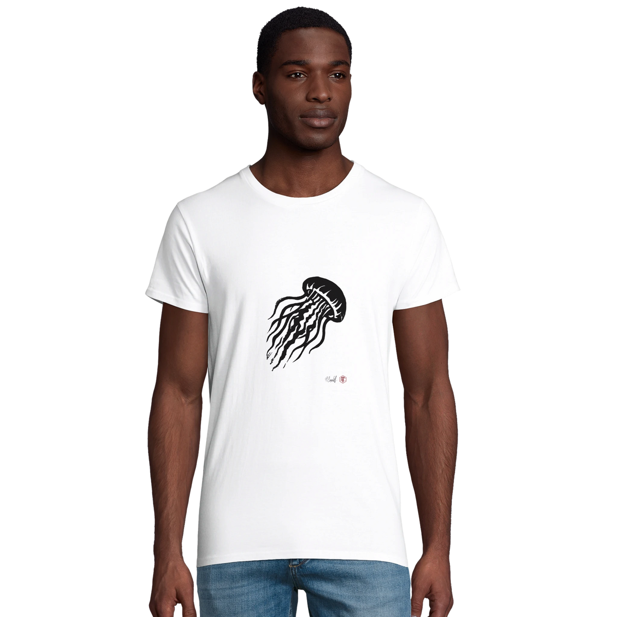 Model wearing T-shirt “Jellyfish”, white, men’s cut – front view