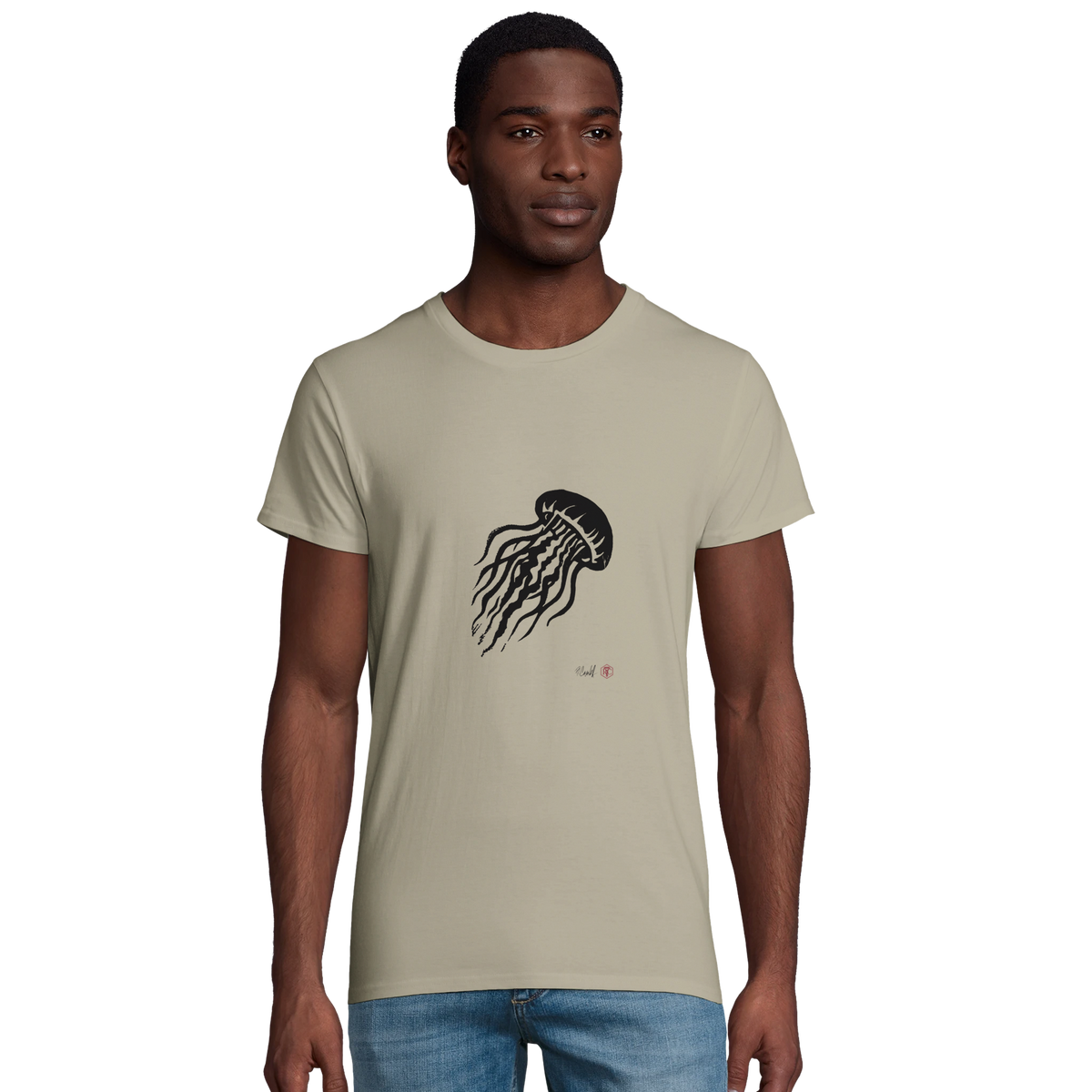 Model wearing T-shirt “Jellyfish”, sand, men’s cut – front view