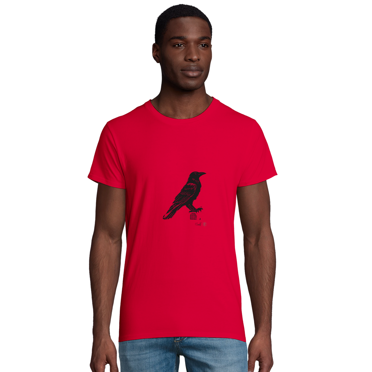 Model wearing T-shirt “Raven”, red, men’s cut – front view