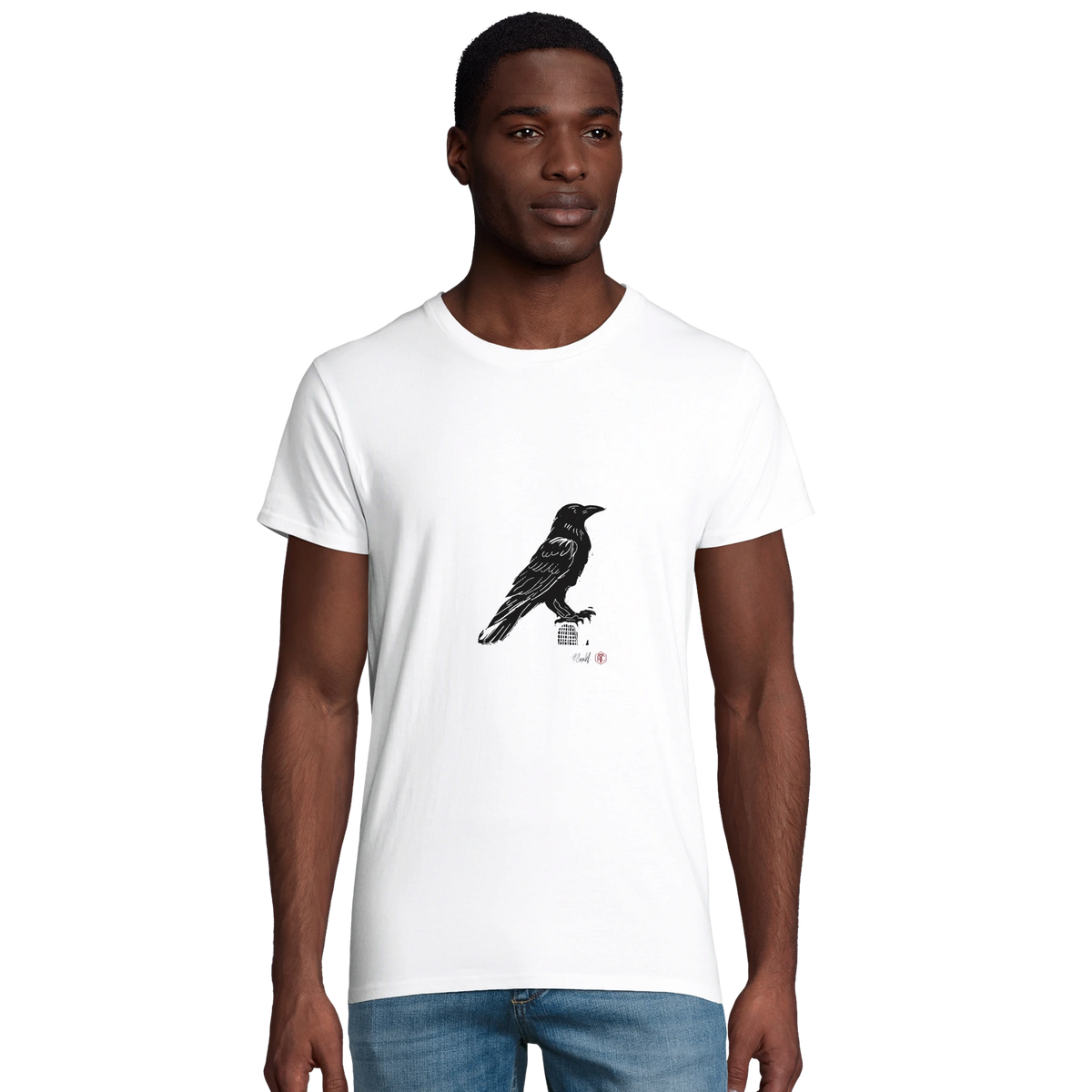 Model wearing T-shirt “Raven”, white, men’s cut – front view