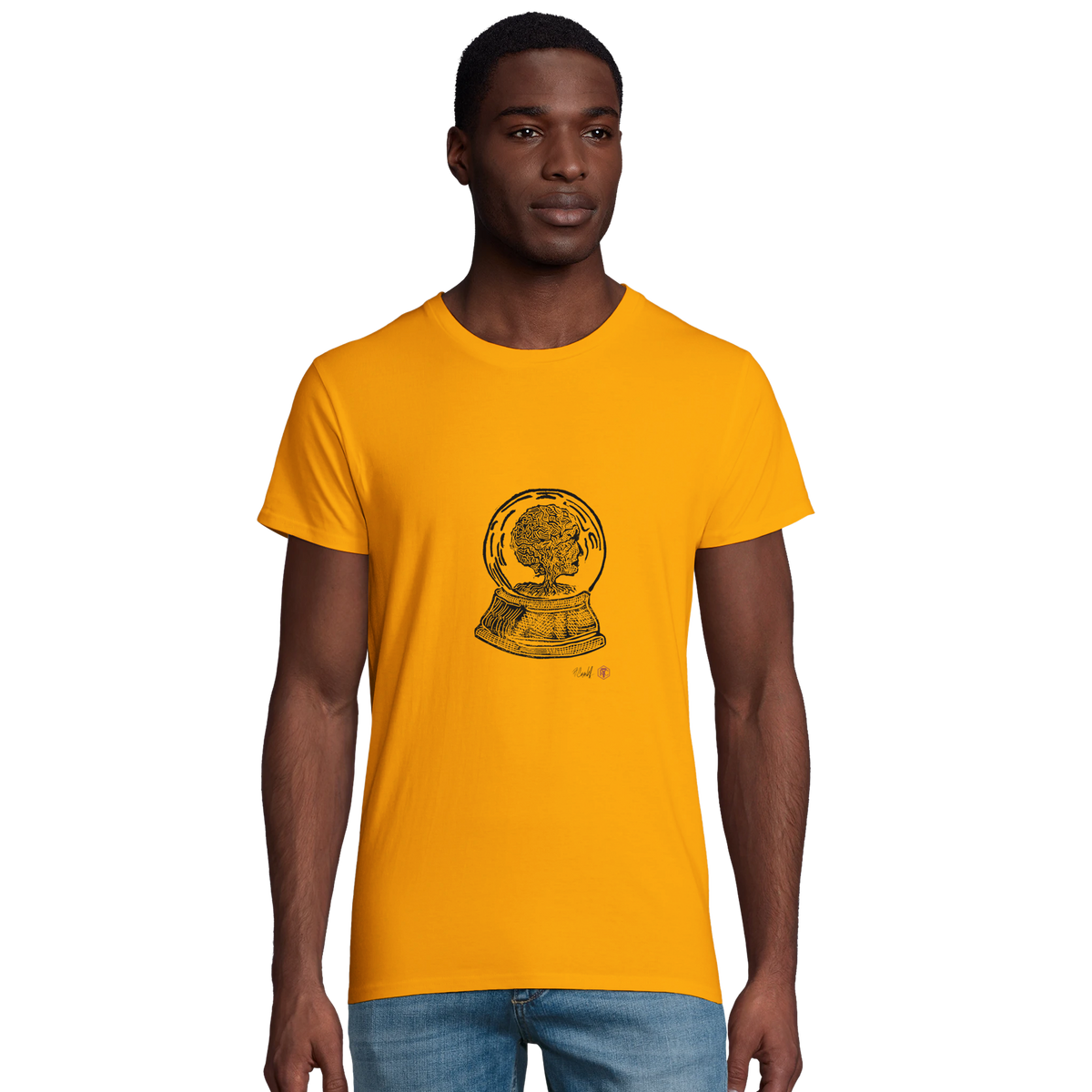 Model wearing T-shirt “Snow Globe Tree”, gold, men’s cut – front view