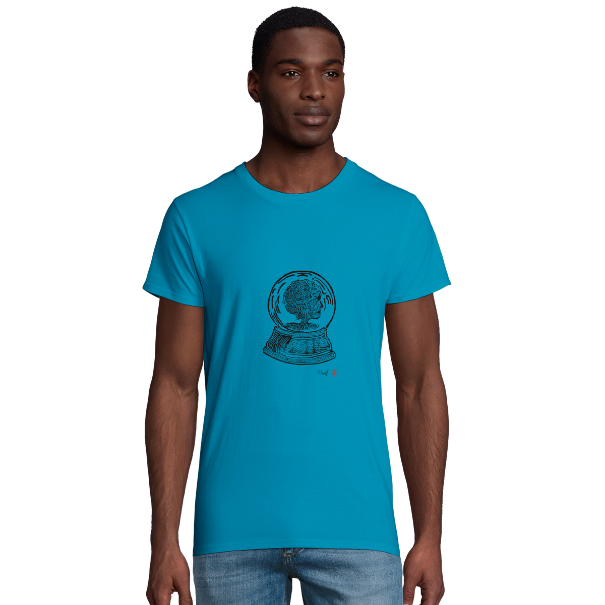 Model wearing T-shirt “Snow Globe Tree”, aqua, men’s cut – front view