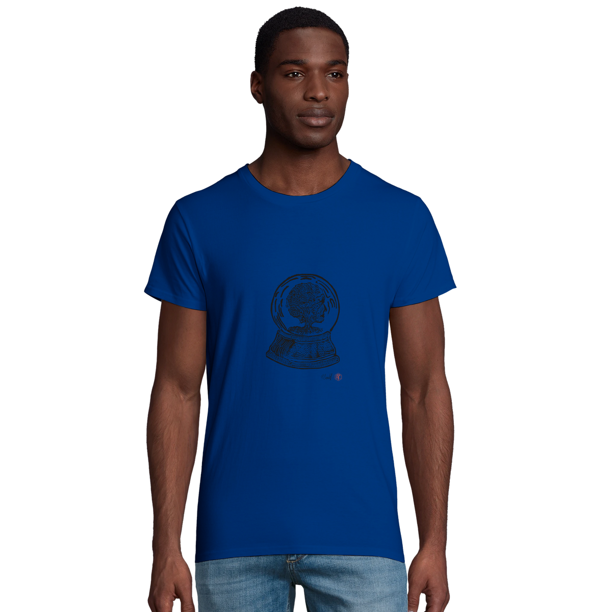 Model wearing T-shirt “Snow Globe Tree”, royal blue, men’s cut – front view