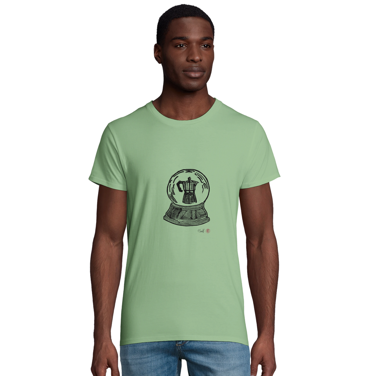 Model wearing T-shirt “Snow Globe Moka Pot”, apple green, men’s cut – front view
