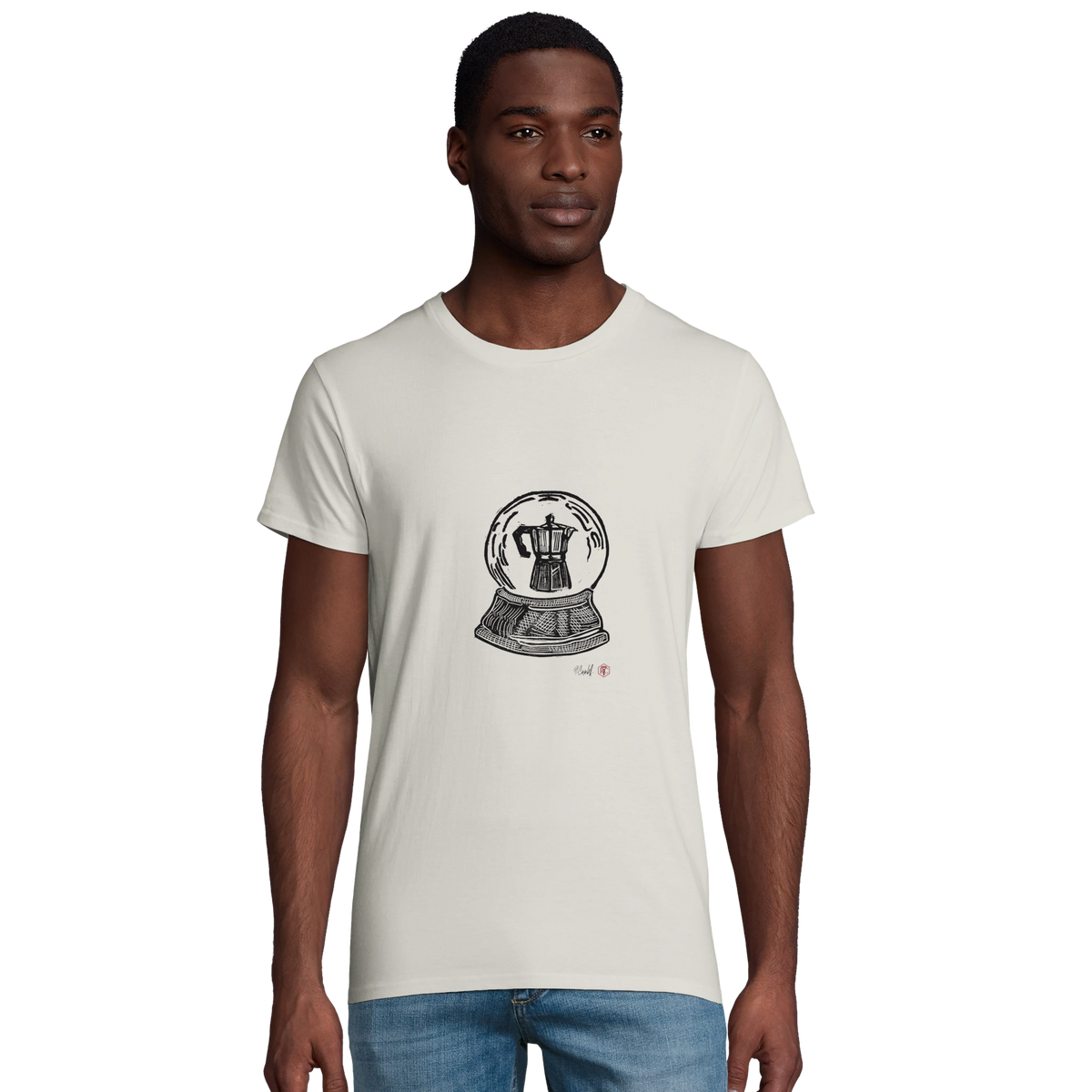 Model wearing T-shirt “Snow Globe Moka Pot”, ash grey, men’s cut – front view