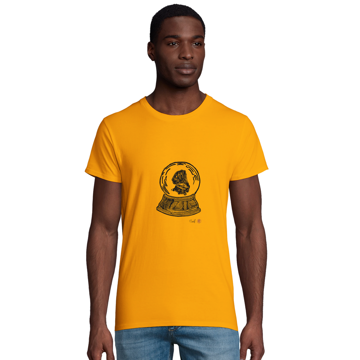 Model wearing T-shirt “Snow Globe Gramophone”, gold, men’s cut – front view
