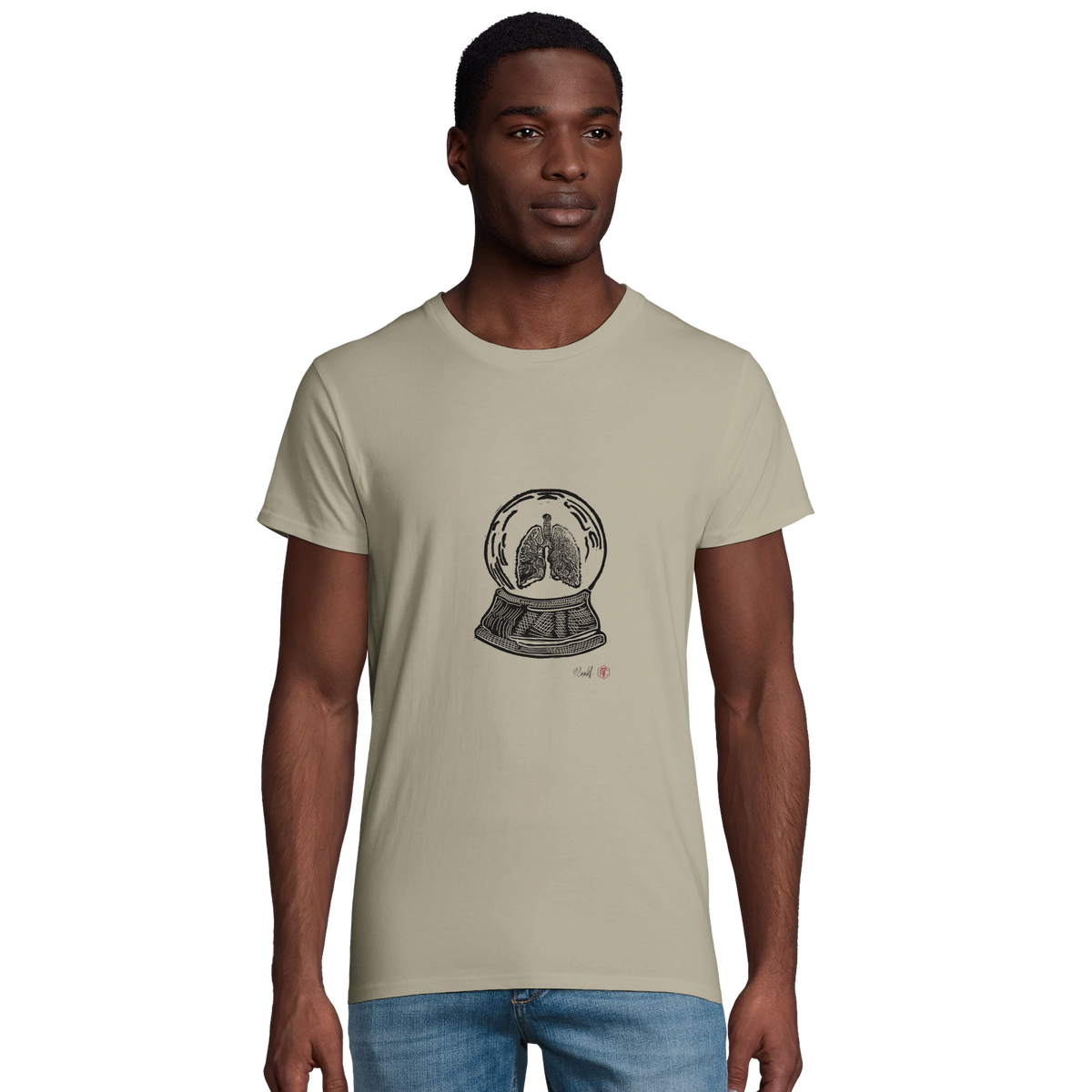 Model wearing T-shirt “Snow Globe Lungs”, sand, men’s cut – front view