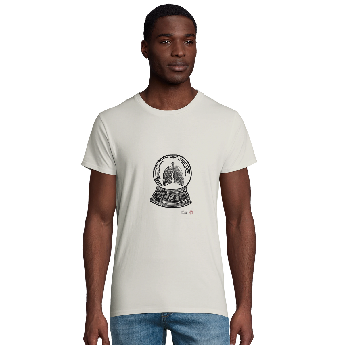 Model wearing T-shirt “Snow Globe Lungs”, ash grey, men’s cut – front view