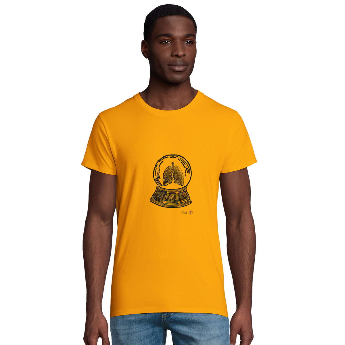 Model wearing T-shirt “Snow Globe Lungs”, gold, men’s cut – front view