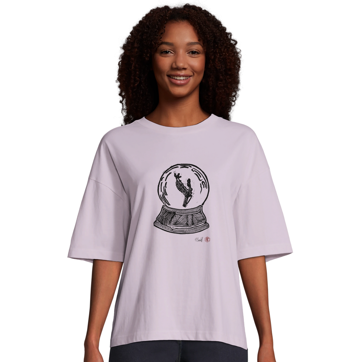 Model wearing T-shirt “Snow Globe Branch”, lilac, women’s cut – front view