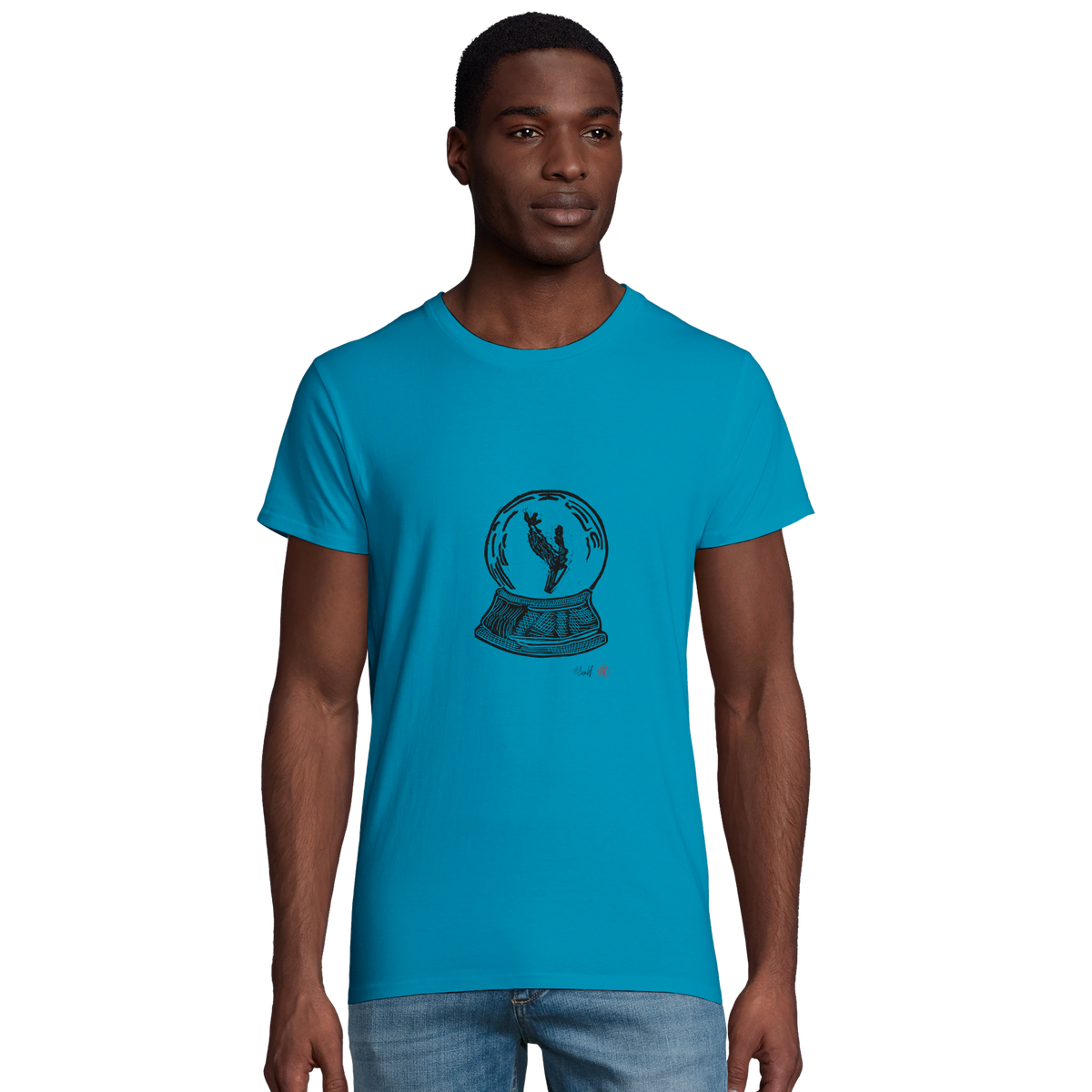 Model wearing T-shirt “Snow Globe Branch”, aqua, men’s cut – front view