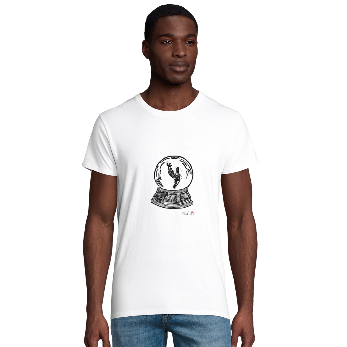 Model wearing T-shirt “Snow Globe Branch”, white, men’s cut – front view