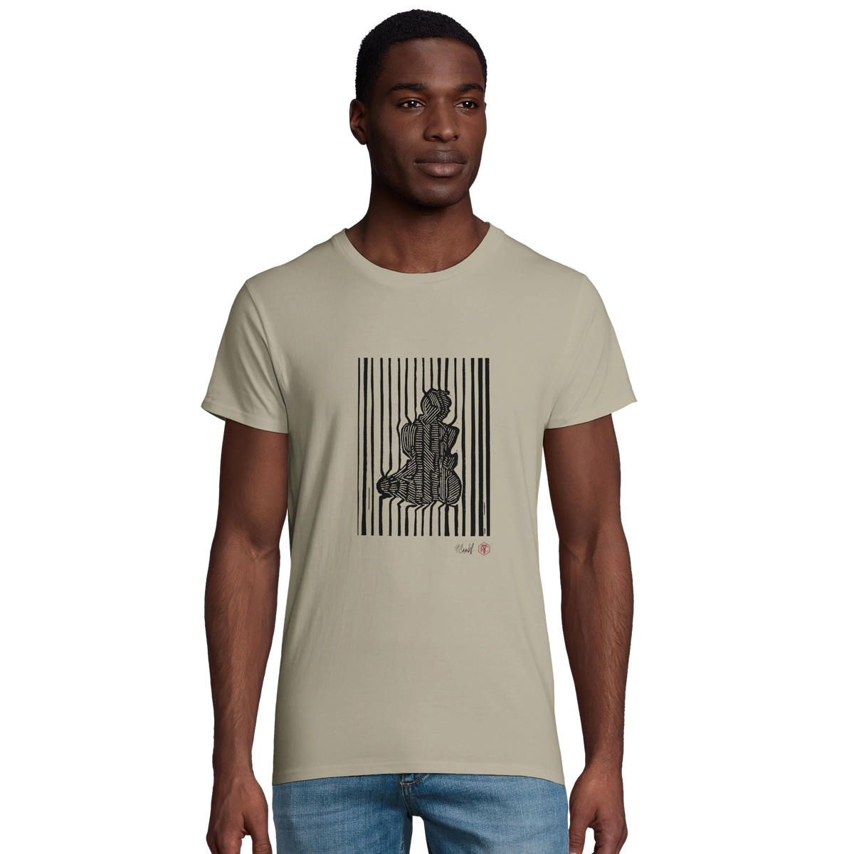 Model wearing T-shirt “Stripes”, sand, men’s cut – front view