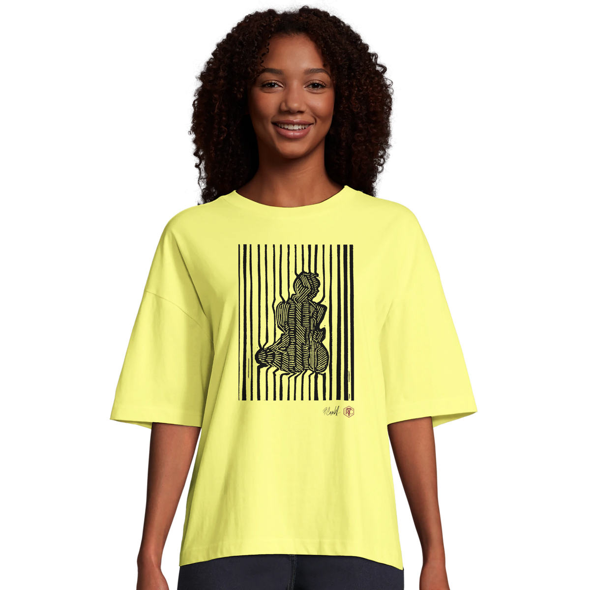 Model wearing T-shirt “Stripes”, light yellow, women’s cut – front view