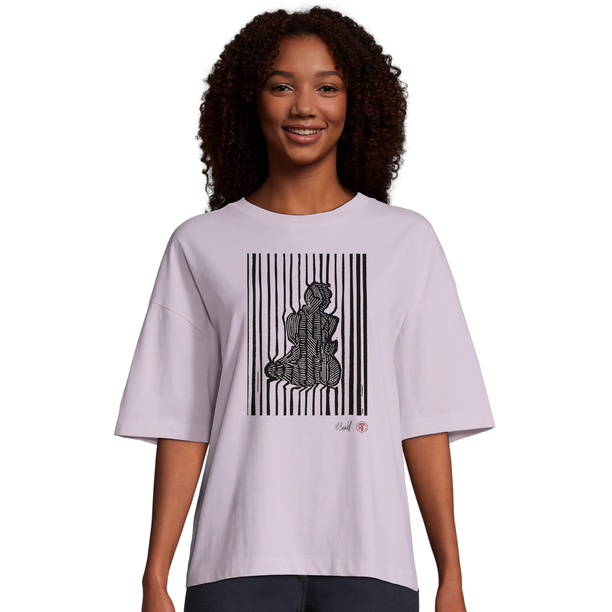 Model wearing T-shirt “Stripes”, lilac, women’s cut – front view