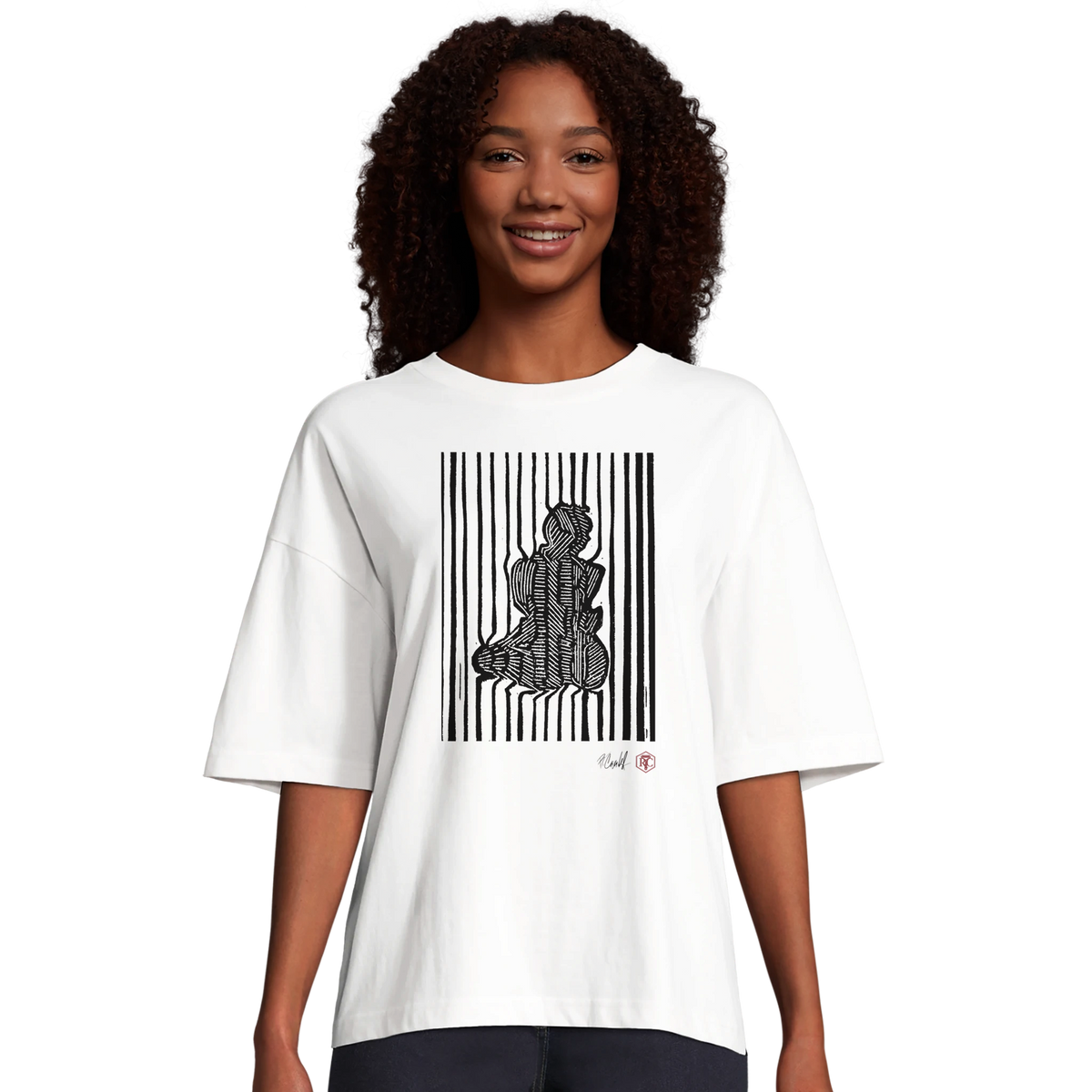 Model wearing T-shirt “Stripes”, white, women’s cut – front view