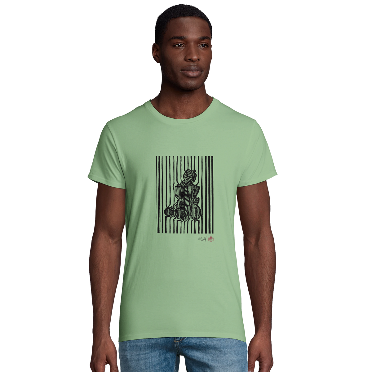 Model wearing T-shirt “Stripes”, apple green, men’s cut – front view