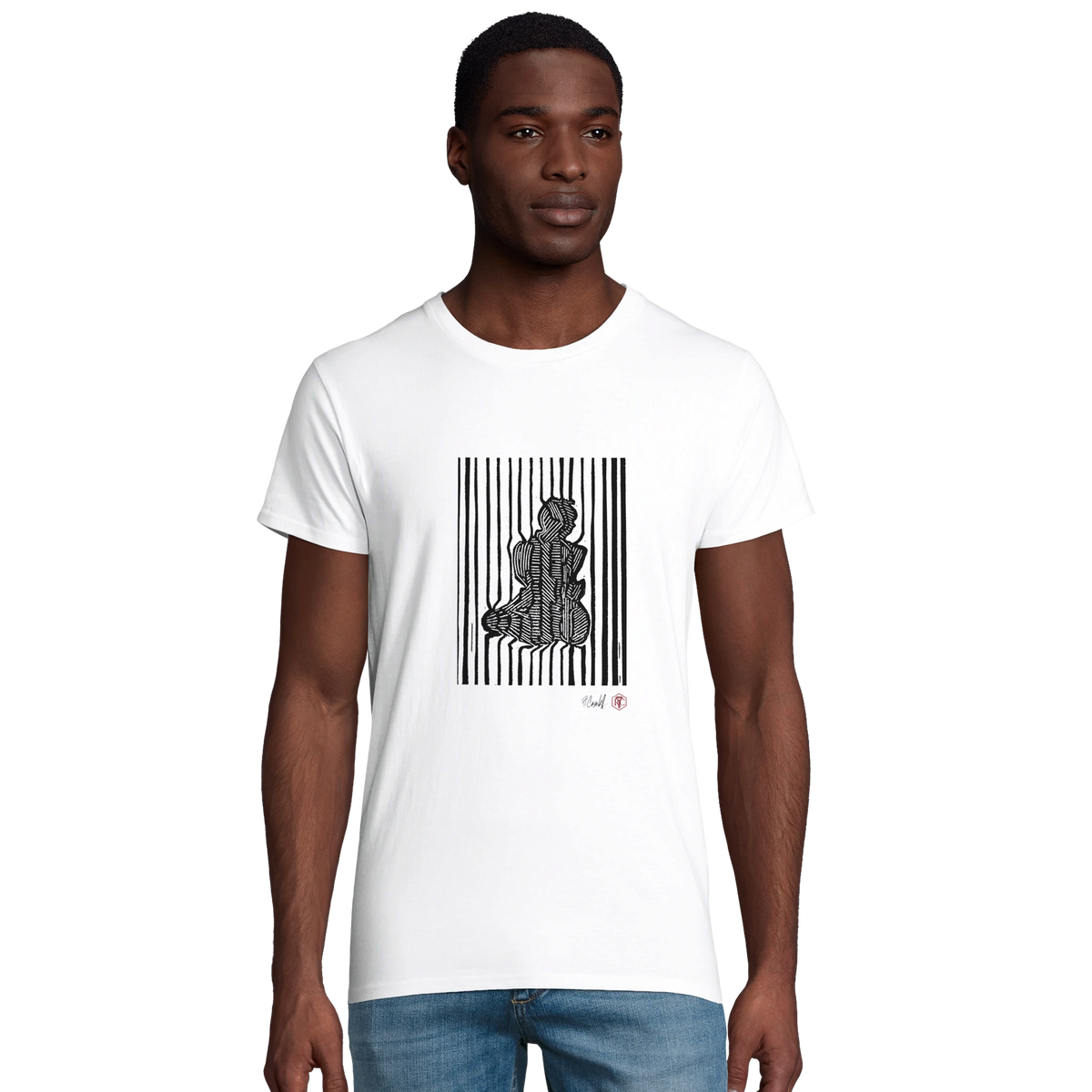 Model wearing T-shirt “Stripes”, white, men’s cut – front view