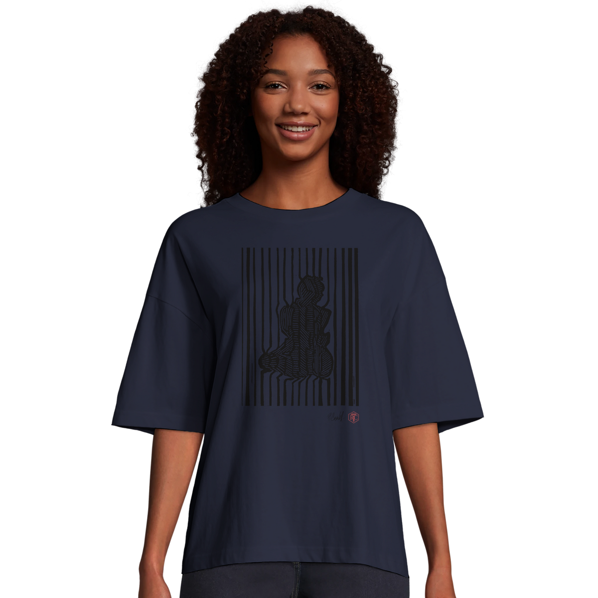 Model wearing T-shirt “Stripes”, navy blue, women’s cut – front view