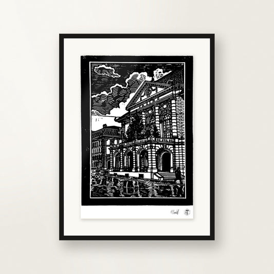 Casino Bern — original linocut A4, framed on the wall