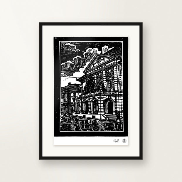 Casino Bern — original linocut A4, framed on the wall