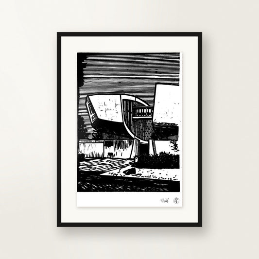 SNP — original linocut A4, framed on the wall