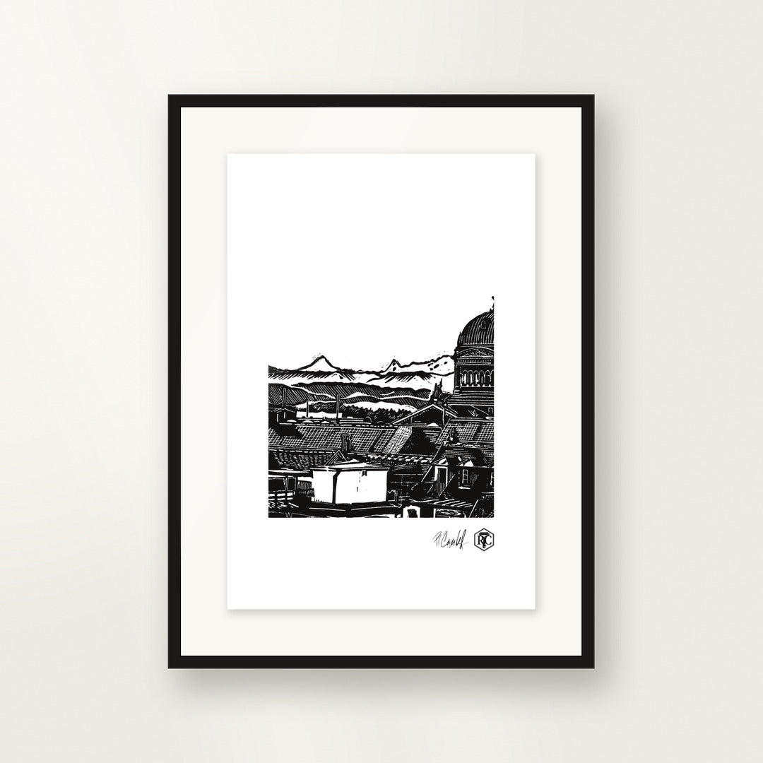 Above Bern — original linocut A4, framed