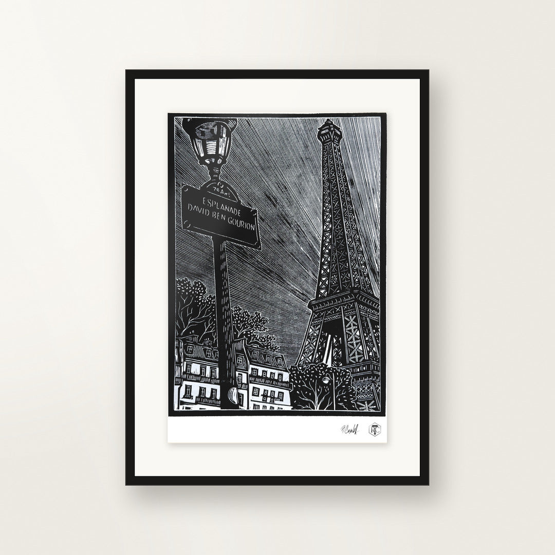 Esplanade, Paris — original linocut A4, framed on the wall