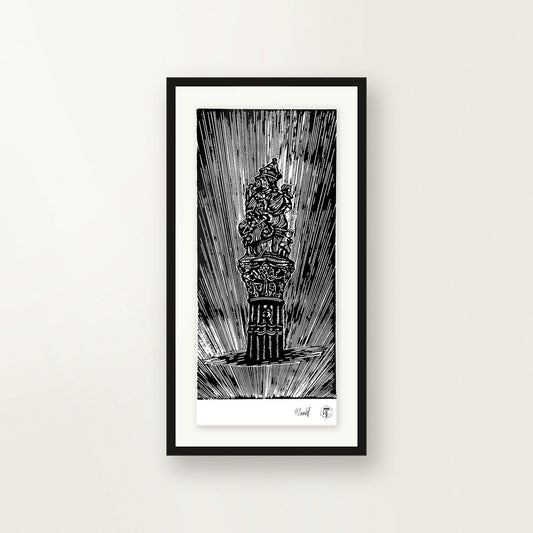 The Fountain, Bern — original linocut A4, framed on the wall