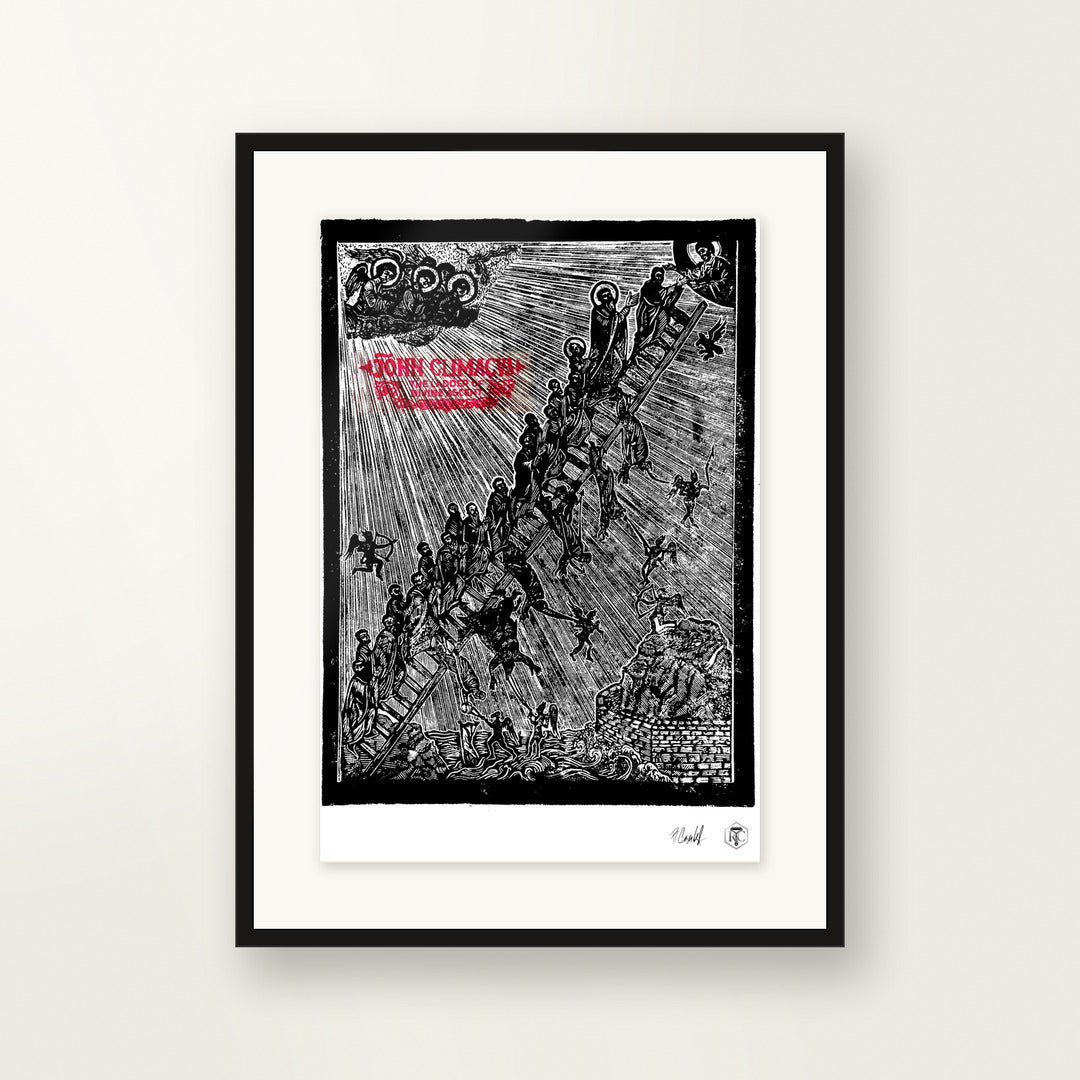 The Ladder — original linocut A3, framed on the wall
