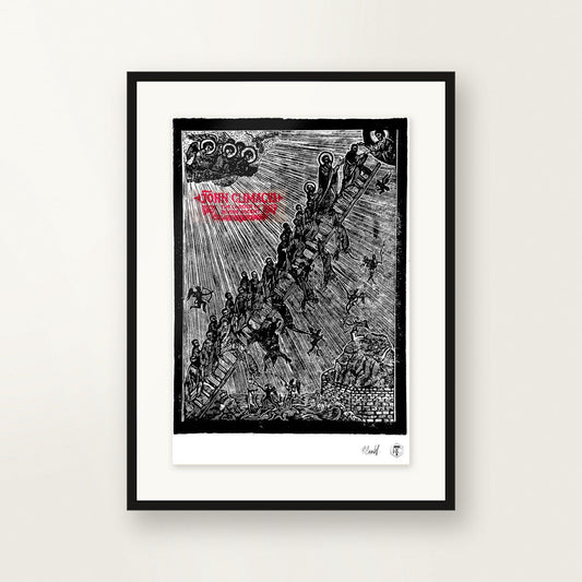The Ladder — original linocut A3, framed on the wall
