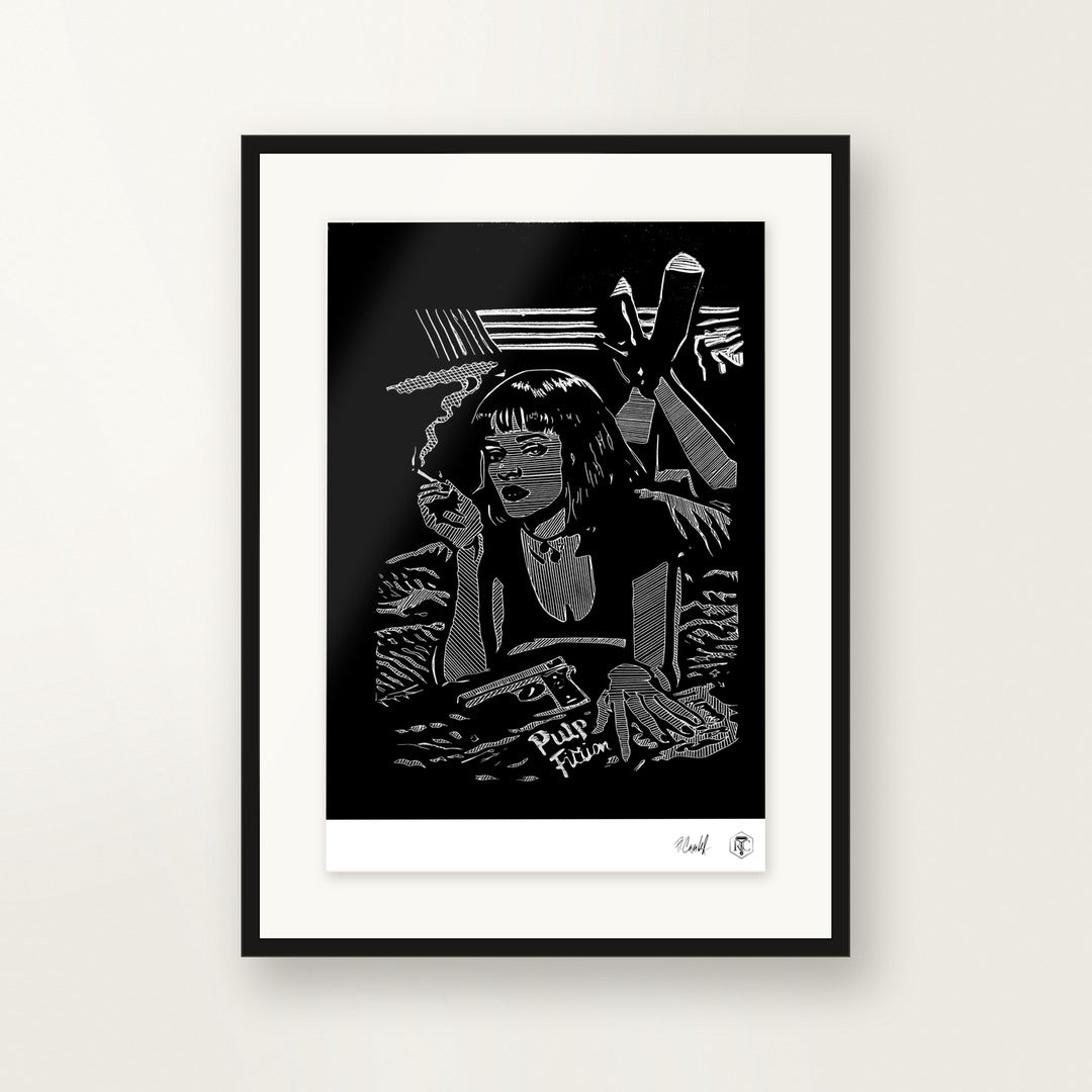 Mia — original linocut A4, framed on the wall