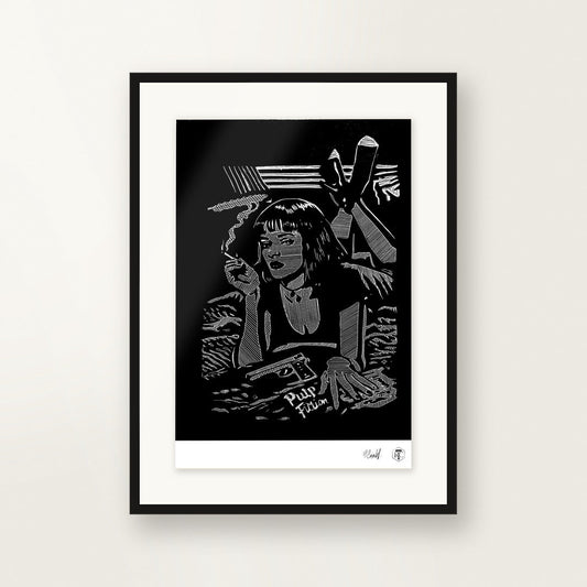 Mia — original linocut A4, framed on the wall