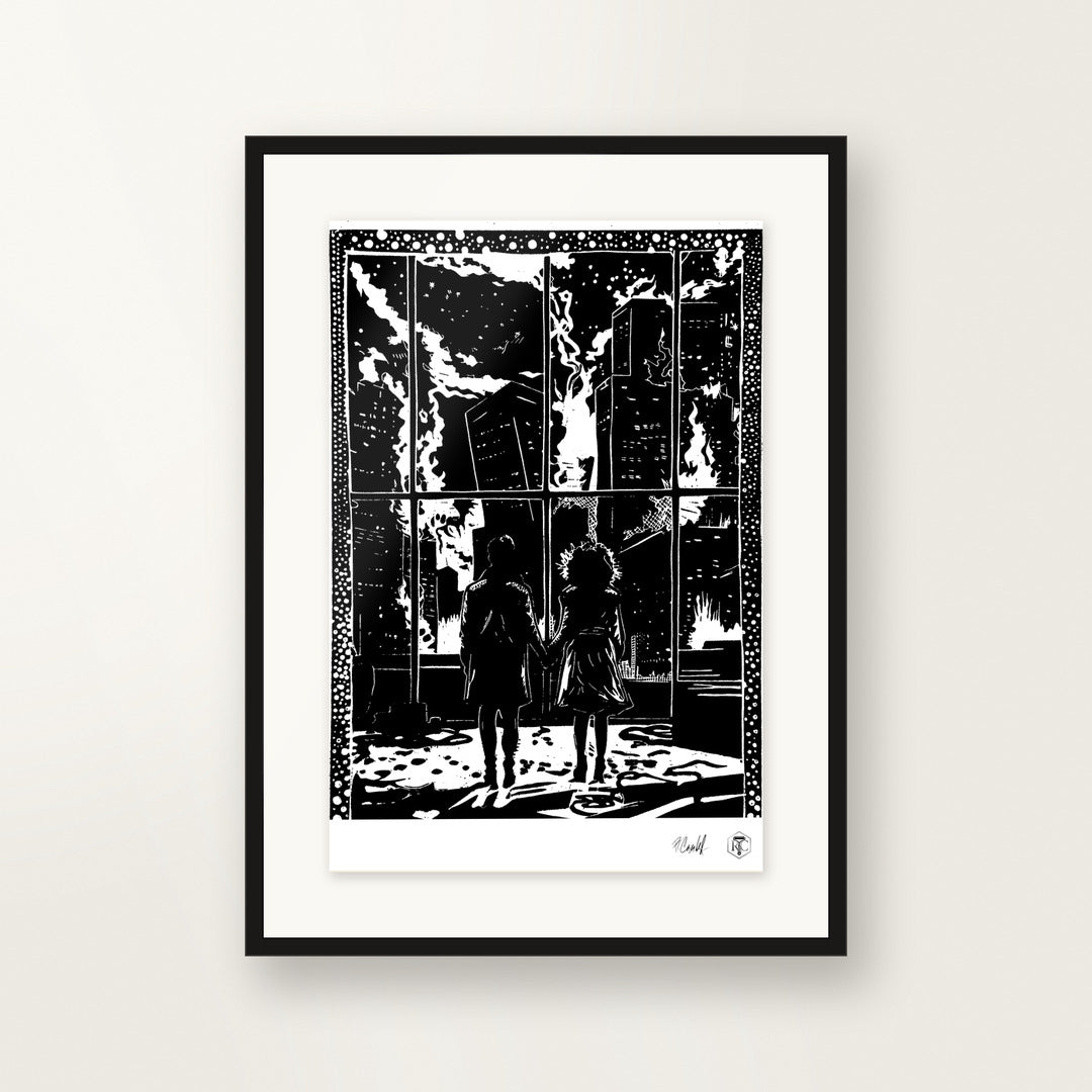 The Window — original linocut A4, framed on the wall