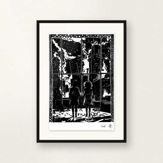 The Window — original linocut A4, framed on the wall