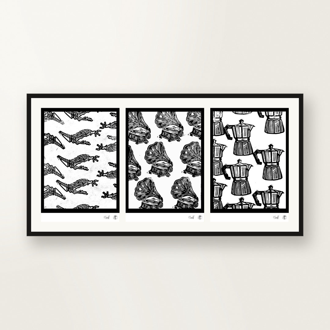 Fractals — three small formats framed together on the wall
