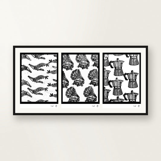 Fractals — three small formats framed together on the wall