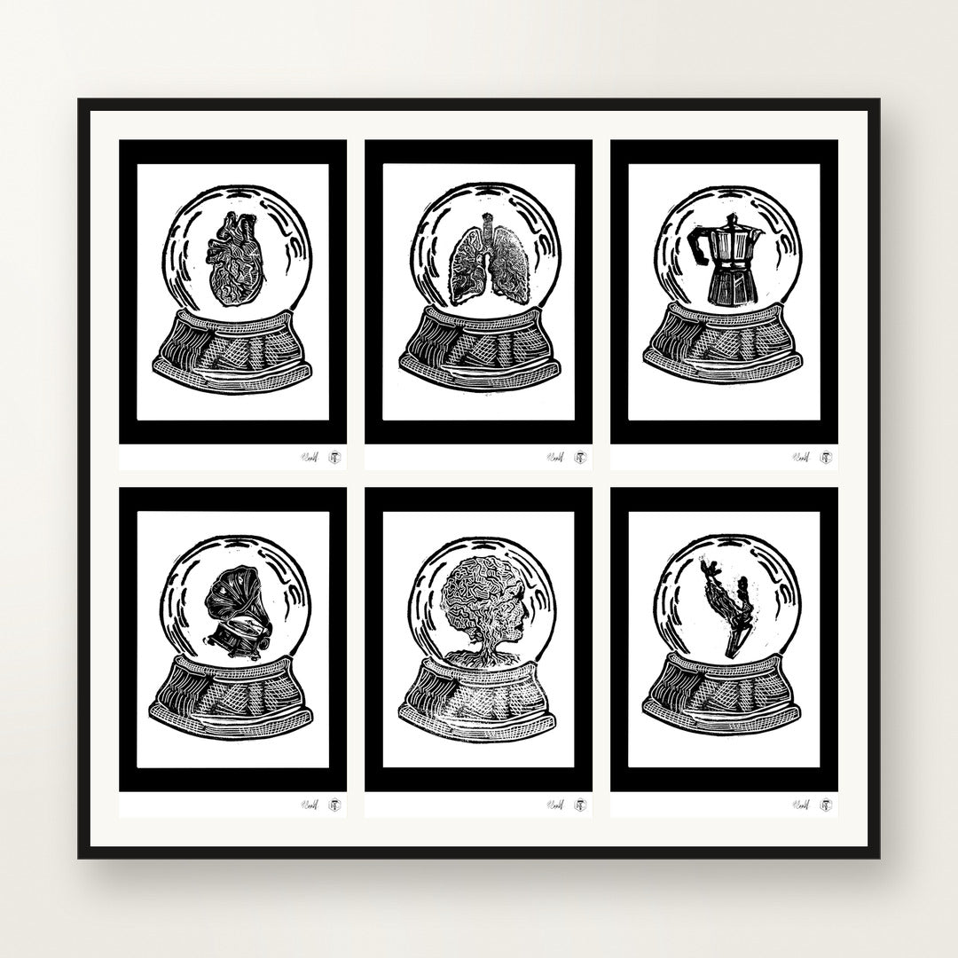 Snow Globes — six small formats framed together on the wall