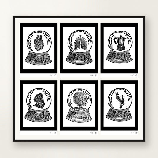 Snow Globes — six small formats framed together on the wall