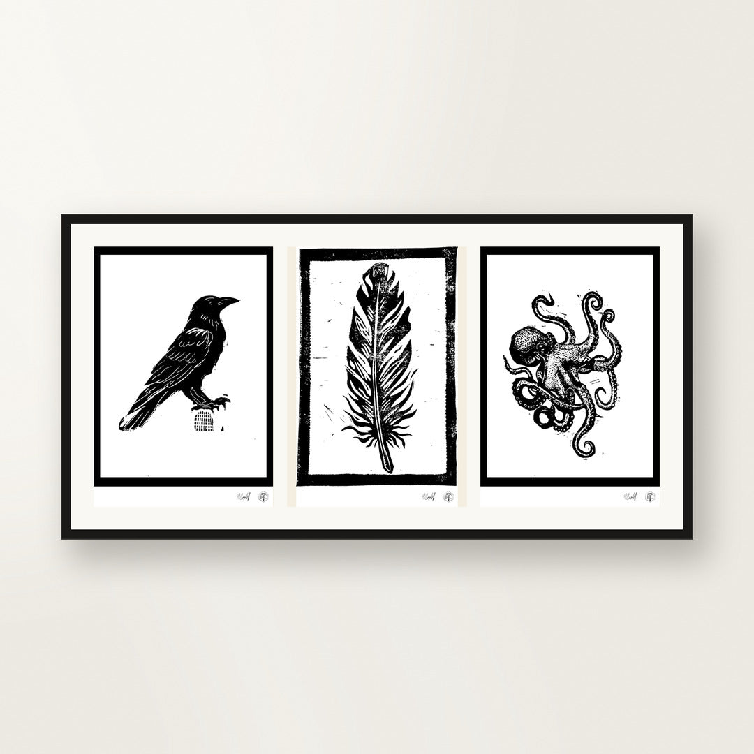 Small formats, your choice — three sheets framed together on the wall