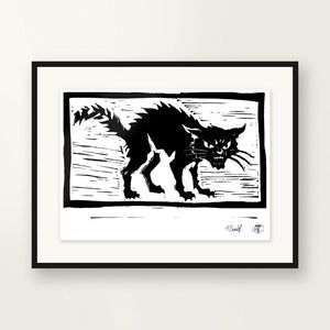 Cat — small-format linocut, hand-printed