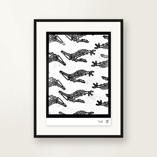 Claws — hand-printed linocut, framed on the wall