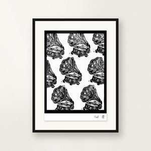 Gramophones — small-format linocut, hand-printed