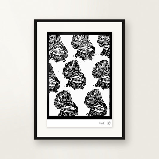 Gramophones — hand-printed linocut, framed on the wall